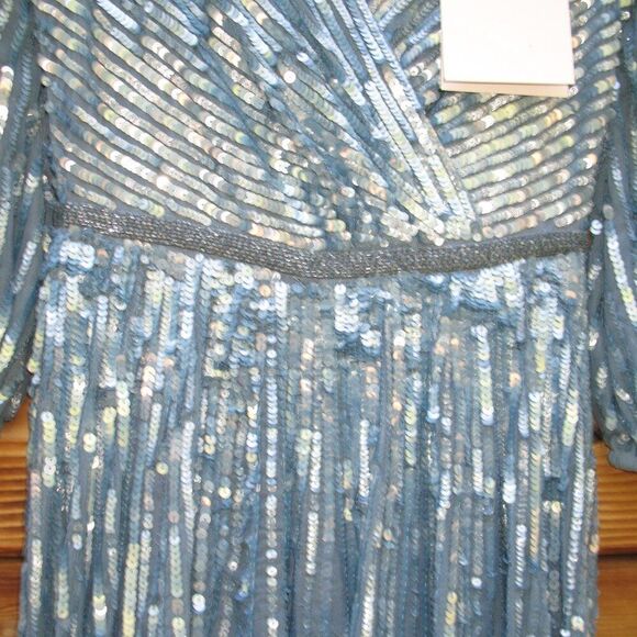 Mac Duggal 5509 Womens Blue Sequin Wrap Over 3/4 Sleeve Gown - Picture 8 of 14